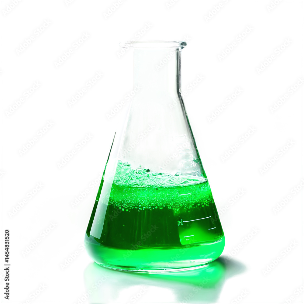 green liquid in a laboratory glass flask isolated on transparent background