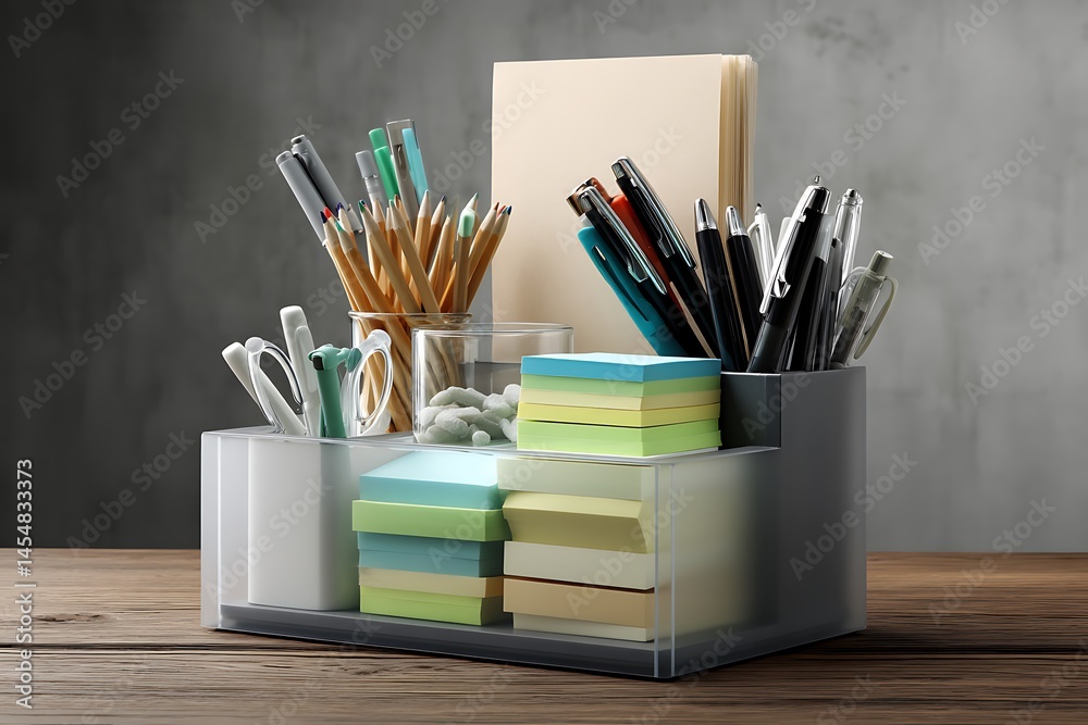 Obraz premium An organized workspace with a desk organizer containing pens, pencils, and sticky notes, showcasing efficient desk management and organization.