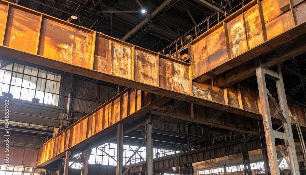 Obraz premium Rusty Industrial Beams in Abandoned Warehouse with Natural Light