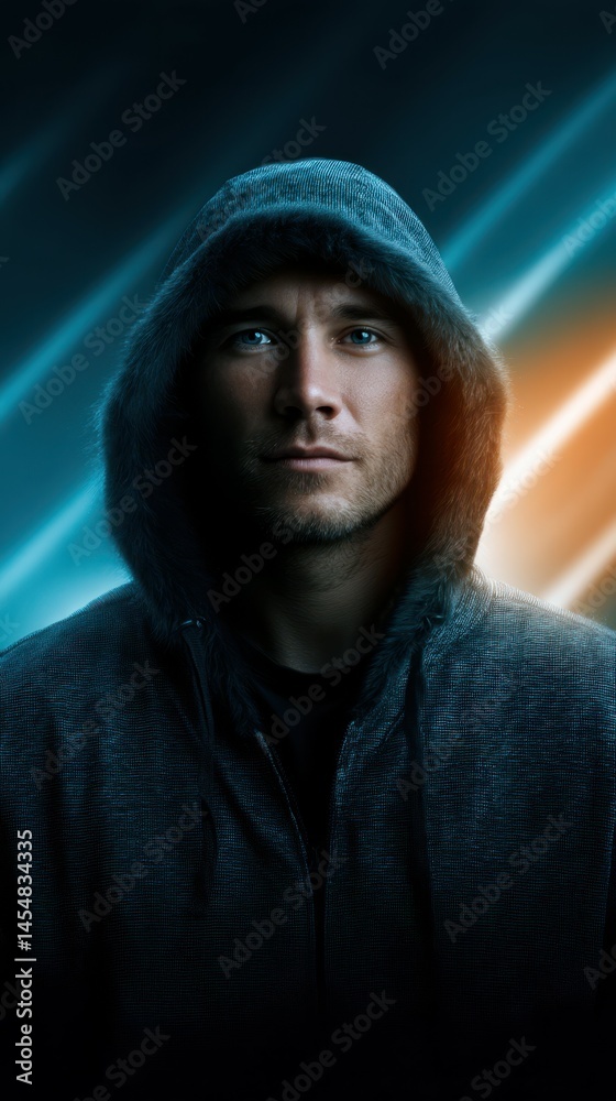 Mysterious figure in a hooded jacket with intense gaze illuminated by blue and orange lights Mysterious figure in a hooded jacket with intense gaze illuminated by blue and orange lights