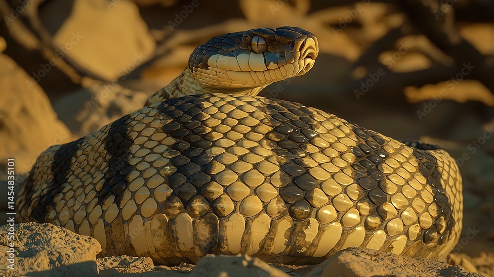 3d Closeup of a Defensive Cobra In a Desert Habitat With Raised Body and Scale Reflections Under Harsh Sunlight Showing Signs of Danger 3d Closeup of a Defensive Cobra In a Desert Habitat With Raised Body and Scale Reflections Under Harsh Sunlight Showing Signs of Danger