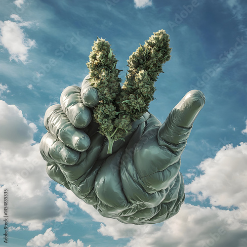 Giant inflatable blowup hand holding a marijuana weed bud floating through a cloudy sky