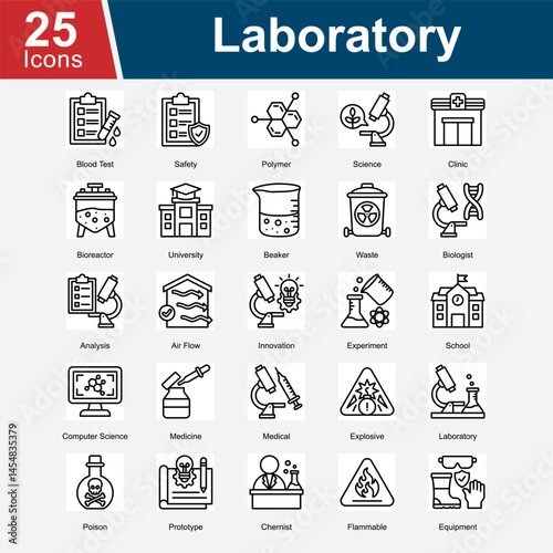 Laboratory is a collection of icons representing scientific research, lab safety, chemical experimentation, medical analysis, and innovative testing environments used in educational, clinical, and ind