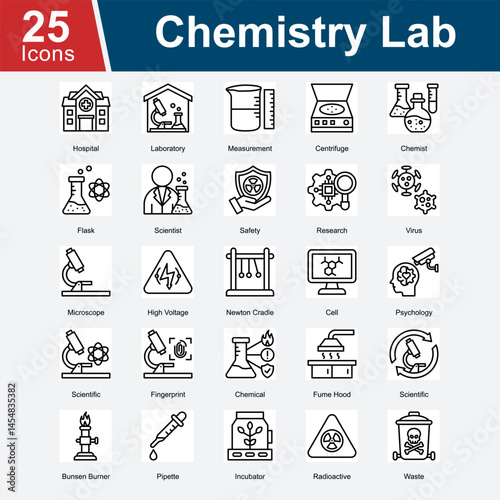 Chemistry Lab is a collection of icons representing laboratory equipment, chemical research, safety protocols, and scientific procedures used in analyzing chemicals, biology, and medical experiments.
