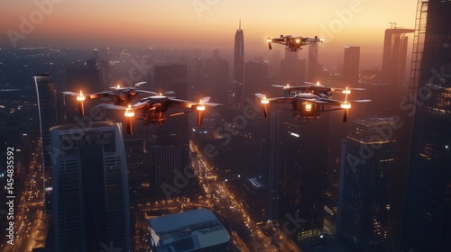 Futuristic drones fly over a nighttime cityscape at sunrise. photo