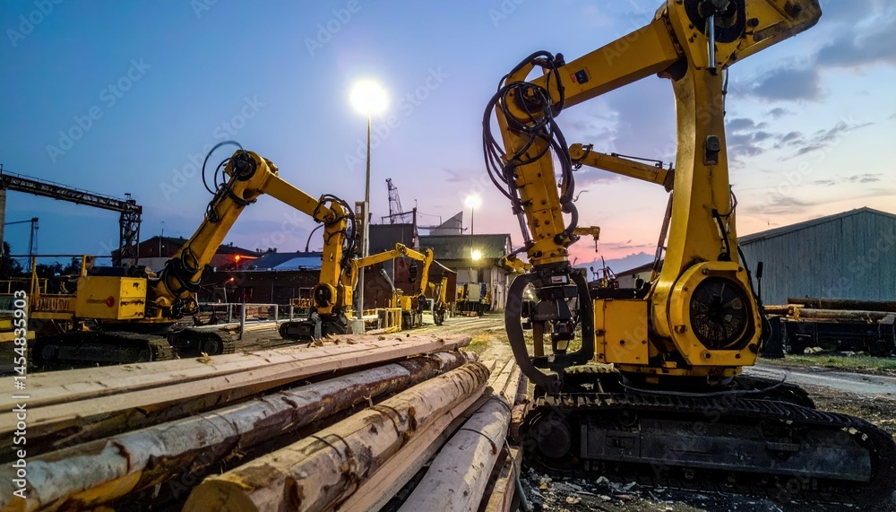 Automated Logging Equipment at Dusk in Timber Processing Yard Automated Logging Equipment at Dusk in Timber Processing Yard