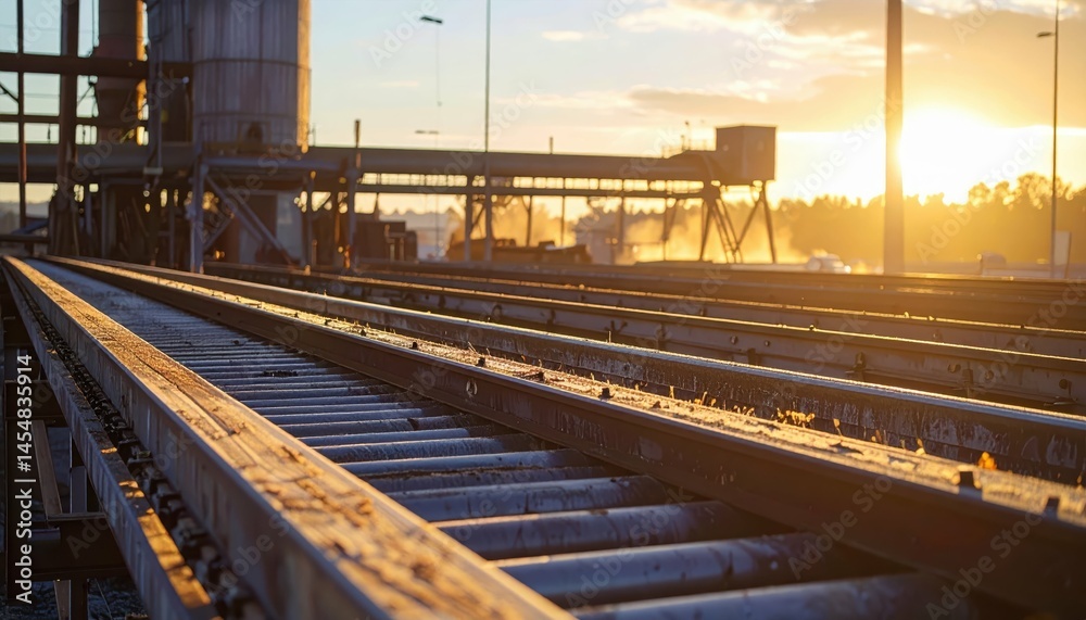 Fototapeta premium Sunset Over Industrial Railway Tracks with Equipment and Silhouettes