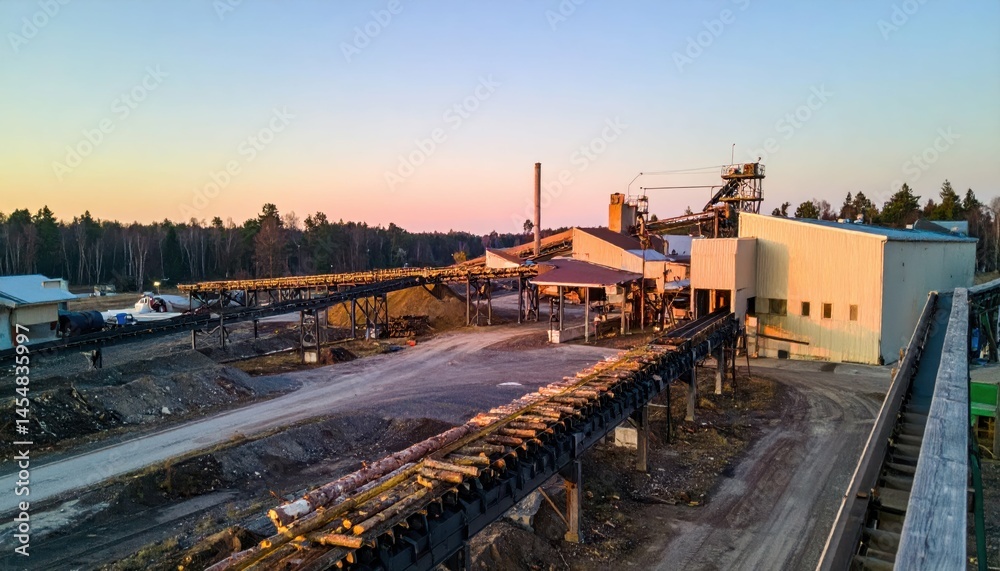 Naklejka premium Industrial Landscape at Sunset with Conveyor Belts and Buildings