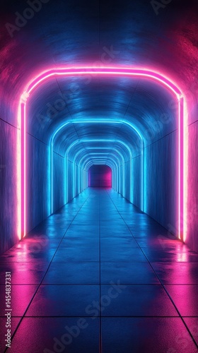 Neon-lit tunnel corridor with vibrant blue and pink lights creating a futuristic atmosphere at night