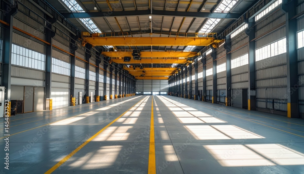 Obraz premium Spacious Industrial Warehouse Interior with Bright Natural Light