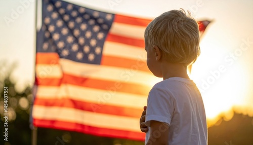 Children holding American flag at sunset – Generative AI Image