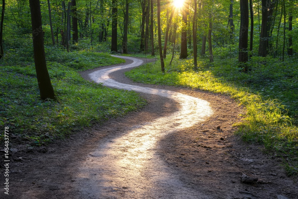 Fototapeta premium Winding trail through a green forest, bathed in sunlight, creating a peaceful, natural scene