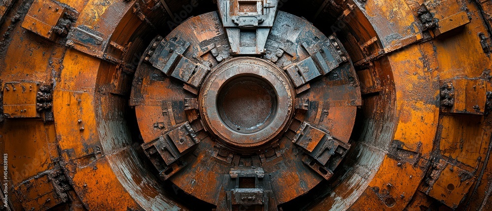 Fototapeta premium Metal machine exhibits heavy rusting, displaying weathered grunge aesthetic from aged oxidation, offering intricate detail.
