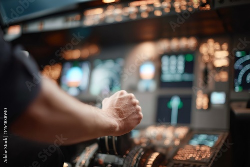 Pilot hand operating airplane throttle control stick inside cockpit