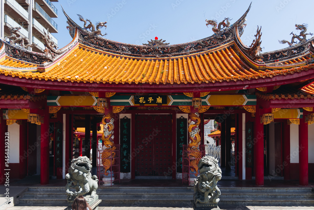 Naklejka premium Confucius shrine in Nagasaki, Koshi-byo, Confucian temple in Nagasaki, Japan, Nagasaki prefecture, Museum of Chinese History and Palace Museum in a sunny day, Chinese shrine, Kyushu island region