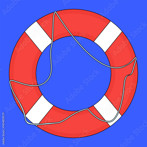 Summer illustration of vintage life preserver with rope for marine vessel on blue background. A means of rescue on the water. Red lifebuoy. Ideal for summertime, safety, nautical, maritime, sea design