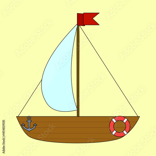 Summer illustration of sailboat with red flag, anchor and life preserver on yellow background. A floating wooden vessel for navigation and regatta. For summertime, nautical, maritime, and sea design.