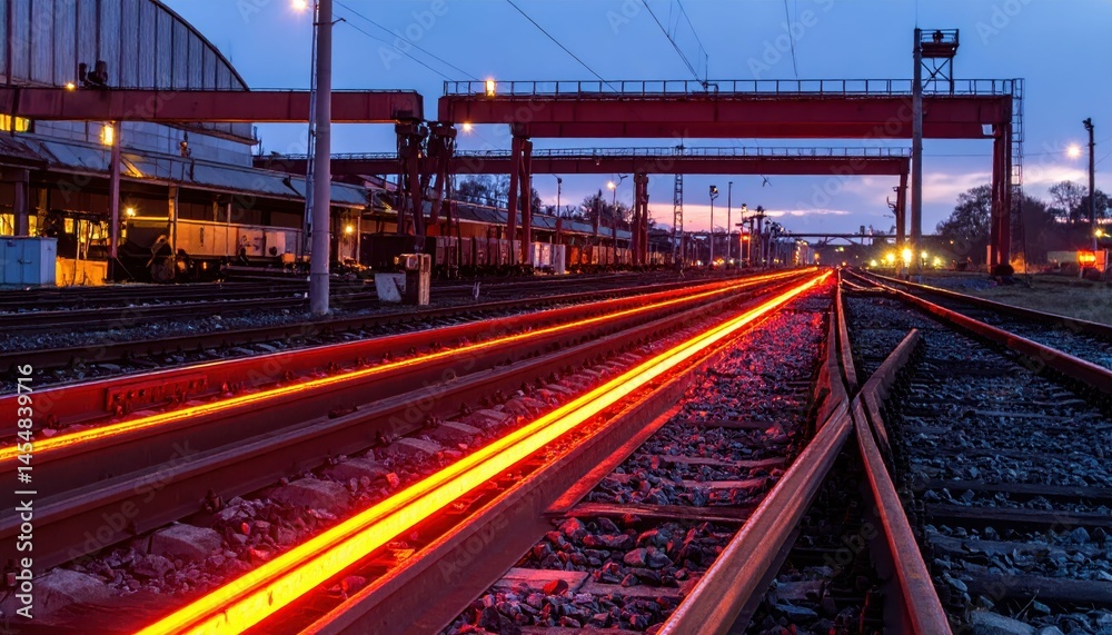 Fototapeta premium Vibrant Nighttime Railway Scene with Illuminated Train Tracks
