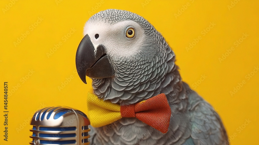 Fototapeta premium Clever Parrot in Bow Tie Speaking into Retro Microphone