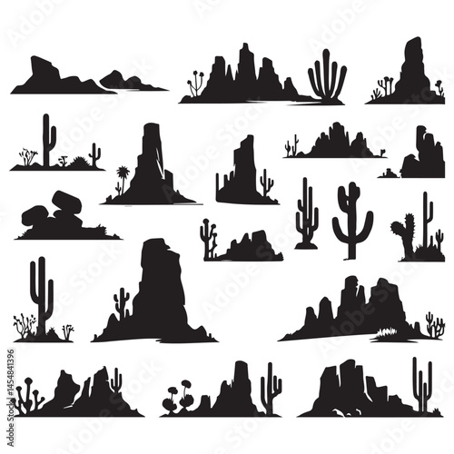 Desert landscape silhouette vector illustration with cactus and rock formations