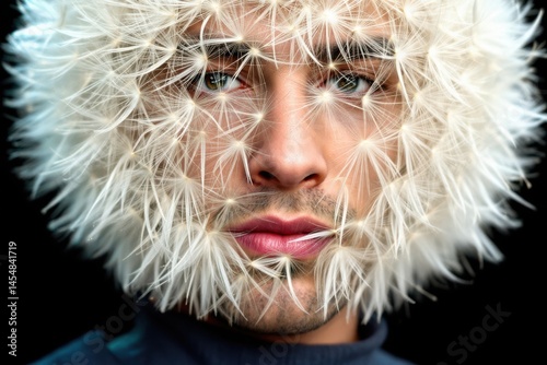 A man is like a dandelion with white seeds on his head