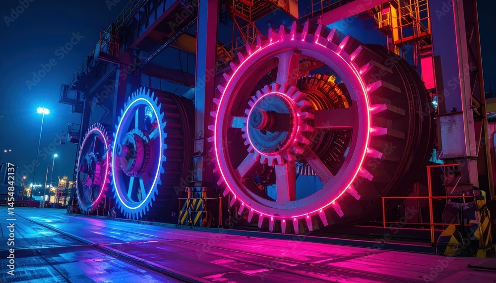 Fototapeta premium Colorful Industrial Gears with Neon Lights at Night with Blue and Pink