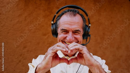 Smiling senior man with headset making heart gesture with hands against rustic brown wall