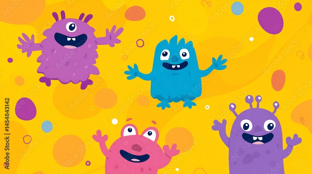 Obraz premium Whimsical cartoon monsters against a bright yellow backdrop with colorful circles