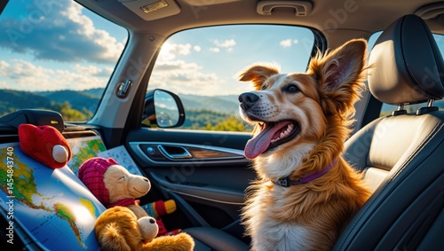 Happy golden dog enjoys a road trip, looking out the car window with stuffed animals nearby. Sunny day vibes.