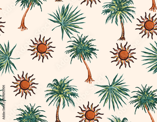 Vintage Beautiful seamless Tropical pattern  Landscape with palm trees,beach , Sun and ocean vector hand drawn style