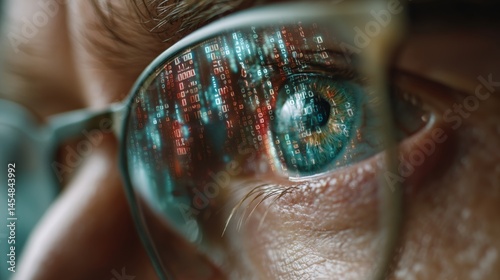 Close-up eye reflection of digital data in glasses showing cybersecurity concept.
