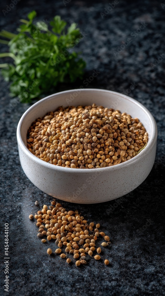 Overhead view of dried coriander seeds in a white bowl and fresh parsley on a dark, speckled surface. Overhead view of dried coriander seeds in a white bowl and fresh parsley on a dark, speckled surface.