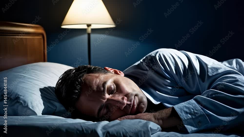 Man sleeping in bed in bedroom at night Man sleeping in bed in bedroom at night