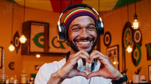 Smiling man with headphones making heart gesture with hands in colorful reggae-themed cafe