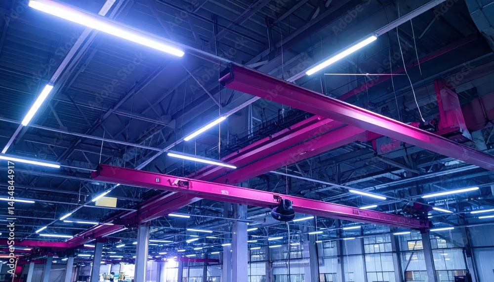 Fototapeta premium Industrial Space with Overhead Cranes and Modern LED Lighting
