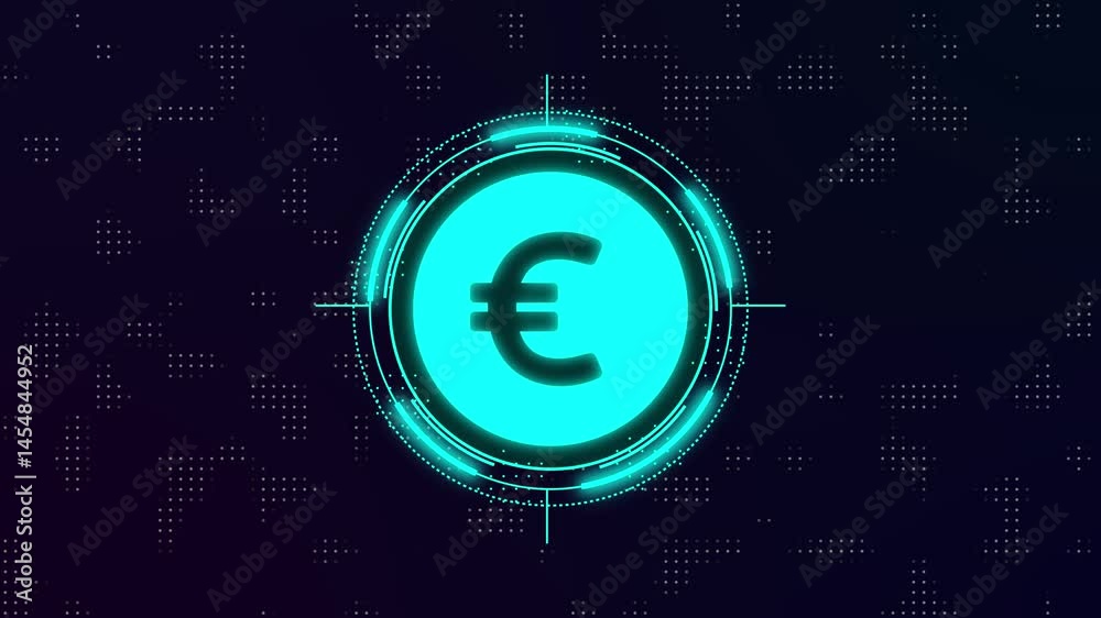 Concept of euro Crypto Currency Shown on Digital Neon Tech Background to Represent Blockchain, Future Money, Digital Cryptocurrency Exchange.