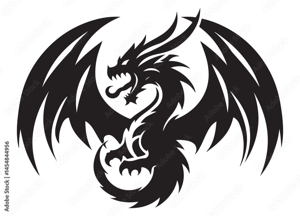 Fototapeta premium Silhouette Dragon Vector Illustration with Spread Wings Design