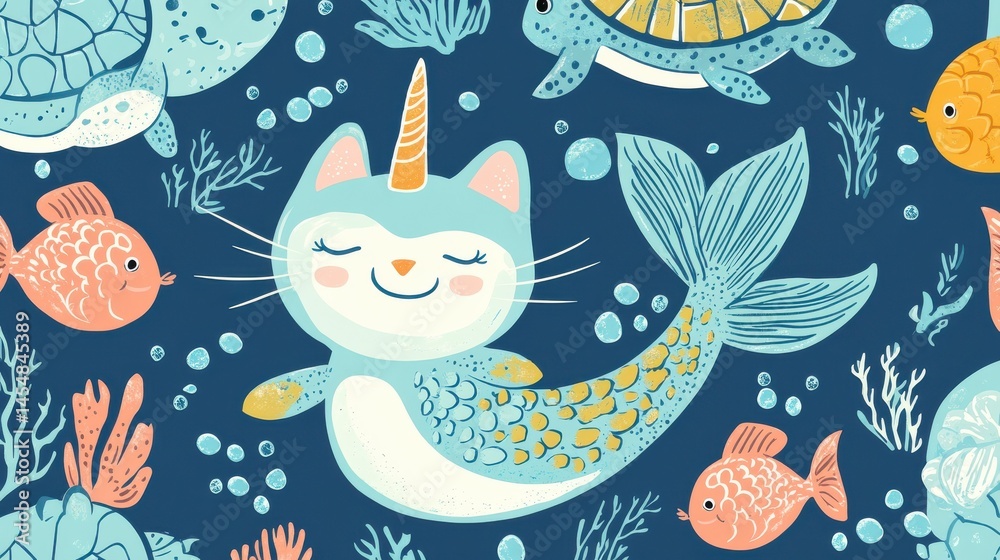 Mermaid seamless pattern. Narwhal and turtle, cartoon cat with fish tail. Cute sea creature, fabric print with beautiful mythical creatures, nowaday vector background illustration , no logos, no bran Mermaid seamless pattern. Narwhal and turtle, cartoon cat with fish tail. Cute sea creature, fabric print with beautiful mythical creatures, nowaday vector background illustration , no logos, no bran