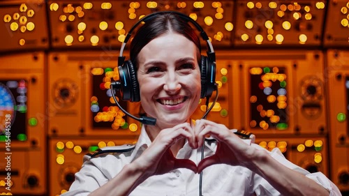 Smiling female pilot with headset making heart gesture with hands inside airplane cockpit