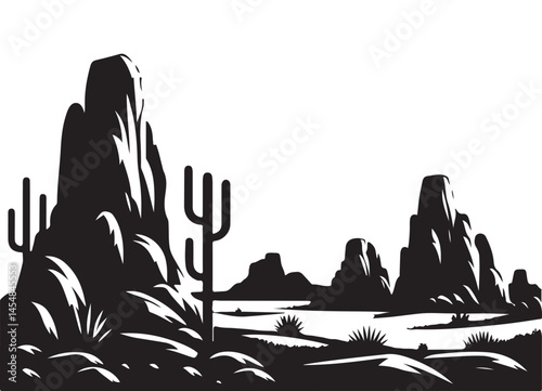 Desert landscape silhouette illustration with cactus and rocky mountains