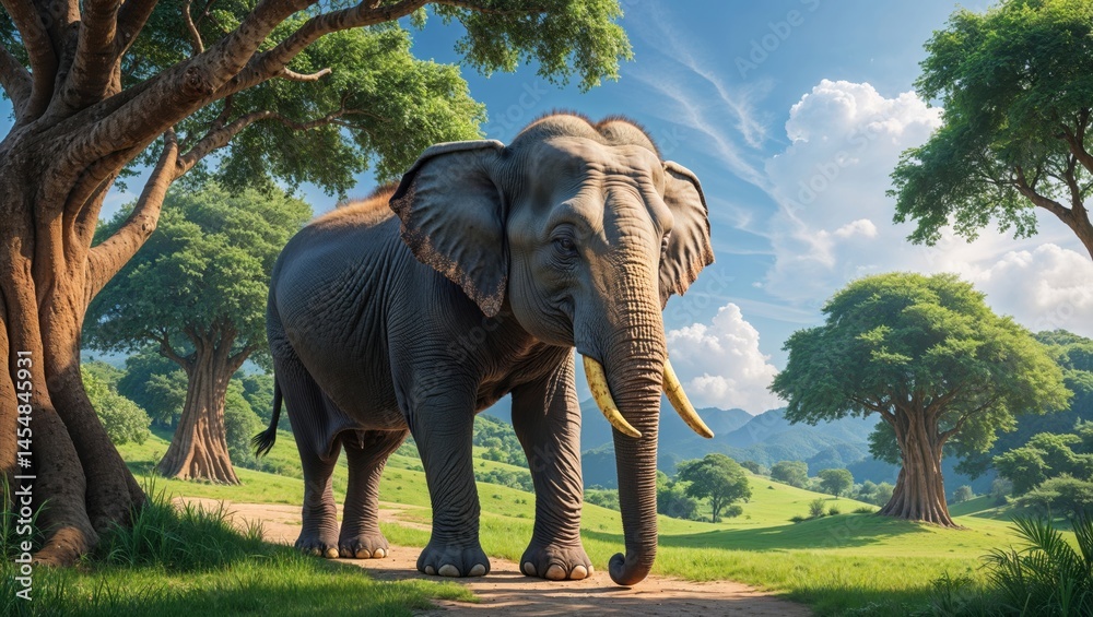 Fototapeta premium Majestic Asian elephant walks through a lush green landscape under a vibrant blue sky. The serene scene showcases the beauty of nature and wildlife.