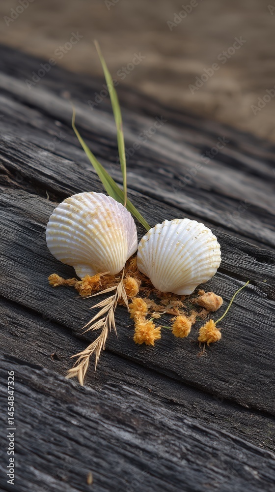 Seashells and sprigs arranged on weathered wood creating a natural beach scene with a coastal aesthetic and warm, inviting color palette.