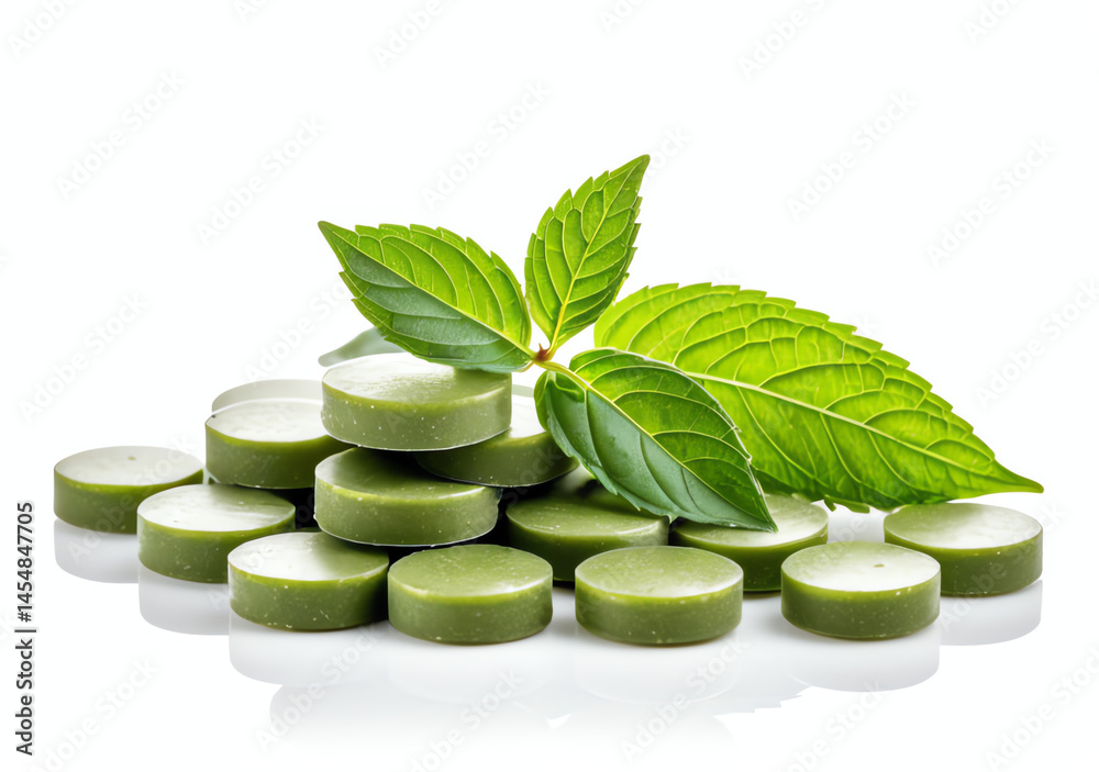Tulsi basil tablets medicines isolated on white background