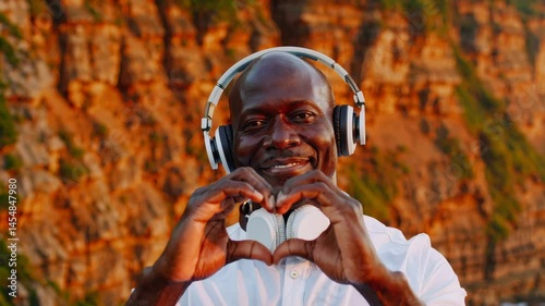 Smiling man with headphones making heart gesture with hands in front of scenic rocky cliff at sunset