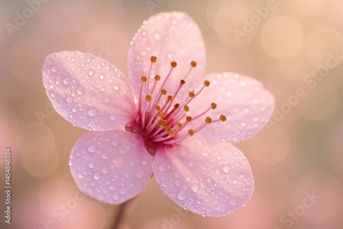 Close-up of a pink flower with dew drops on it. Sakura