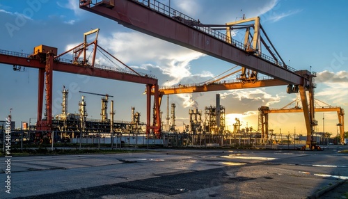 Industrial Crane Structure Near Oil Refinery at Sunset