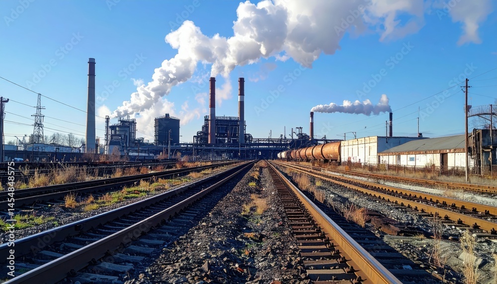 Fototapeta premium Industrial Landscape with Smoke Stacks and Railway Tracks
