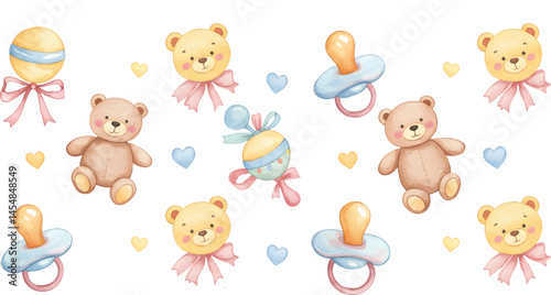 Seamless watercolor pattern of baby toys like rattles, pacifiers, and plush teddy bears in soft pastel tones, hand-painted on white background.

