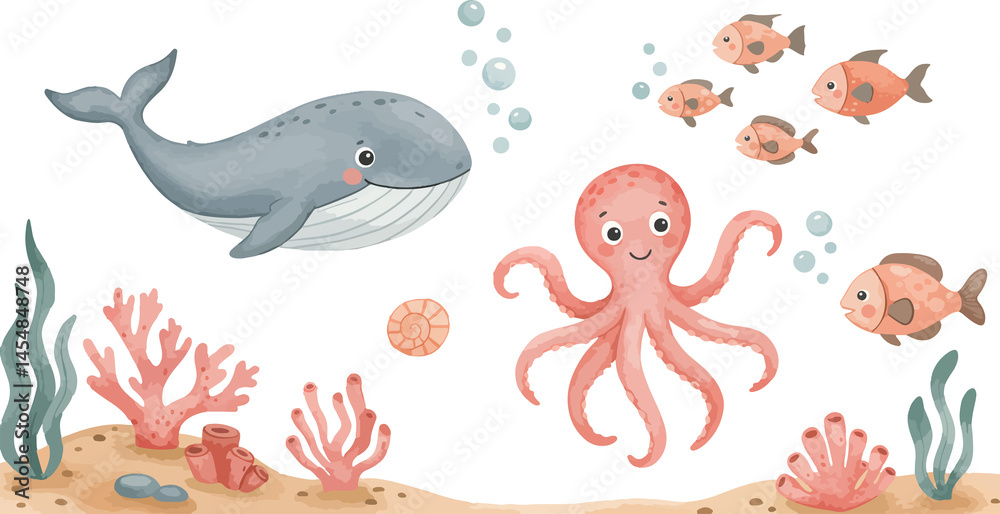 Fototapeta premium Cute watercolor undersea theme with smiling sea animals like whales, octopuses, and fish, painted in soft tones for children’s decor.