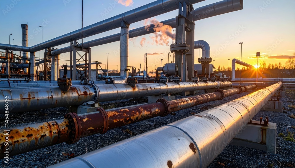 Industrial Pipeline System at Sunrise in Oil and Gas Facility